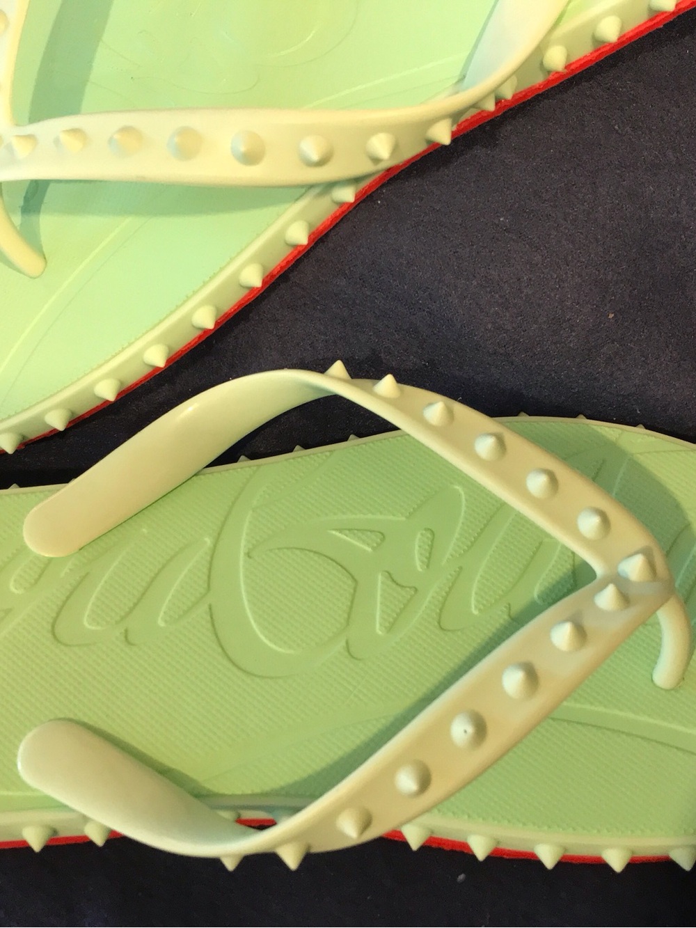Christian Louboutin Lime Green Studded Flip Flop Sandals - Picture 2 of 5
